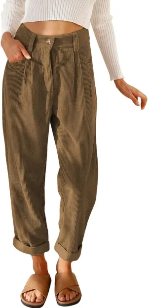 EVALESS Corduroy Pants for Women Casual High Waisted Straight Leg Pants Loose Comfy Trousers with Pockets