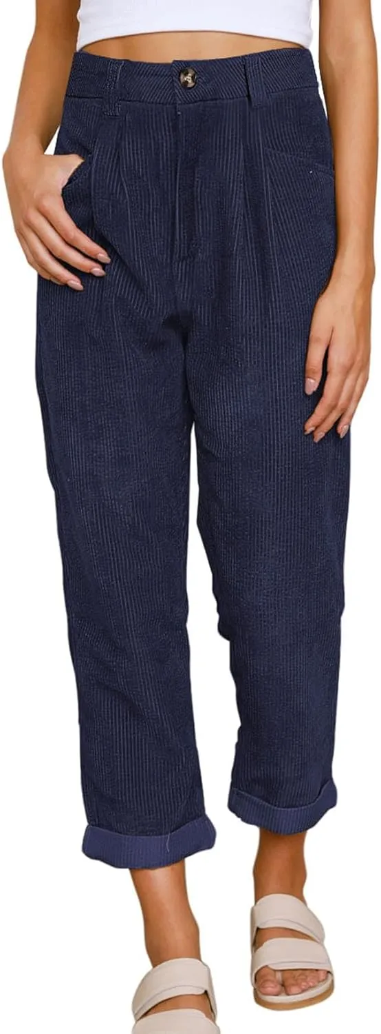 EVALESS Corduroy Pants for Women Casual High Waisted Straight Leg Pants Loose Comfy Trousers with Pockets