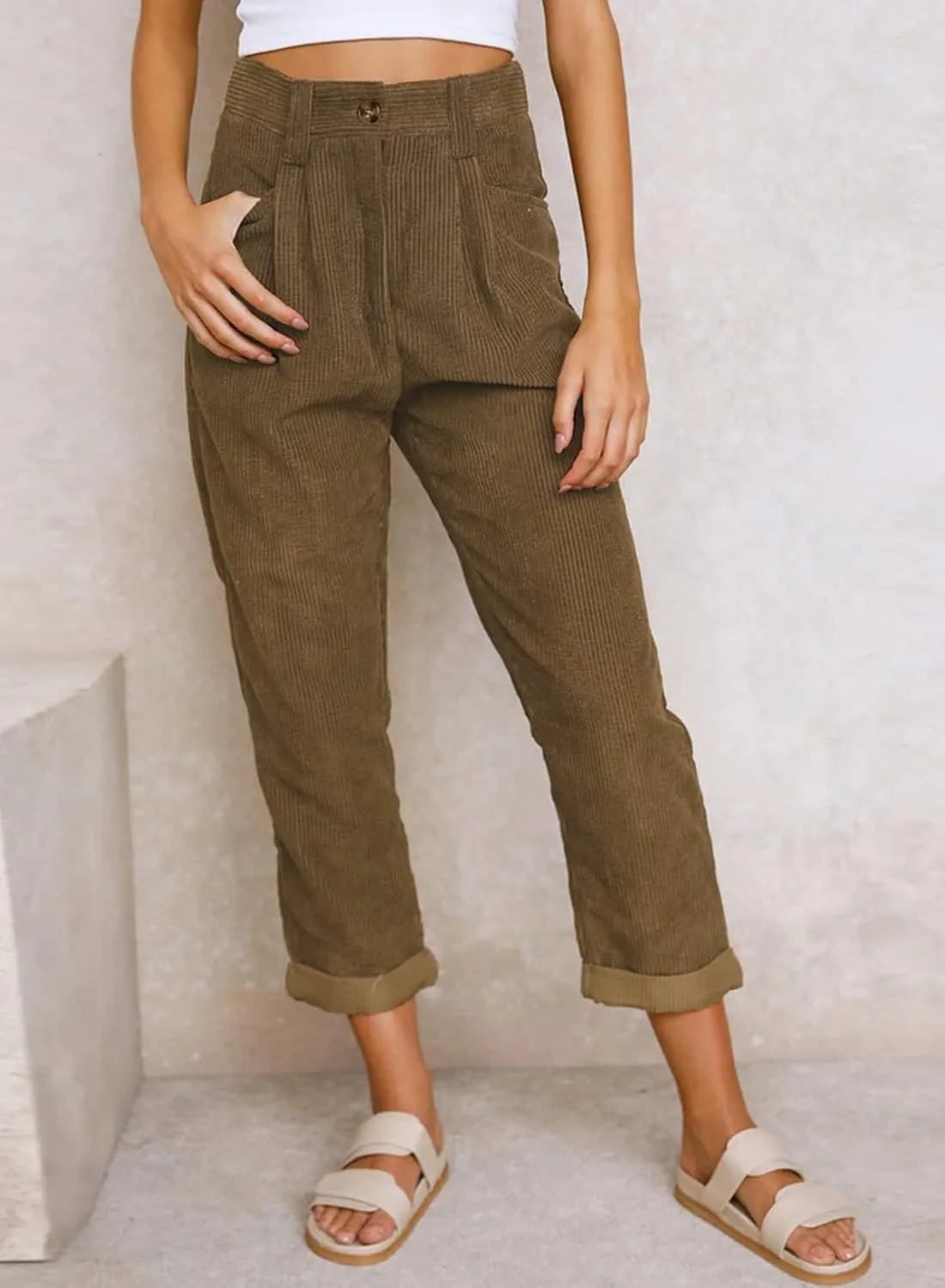 EVALESS Corduroy Pants for Women Casual High Waisted Straight Leg Pants Loose Comfy Trousers with Pockets