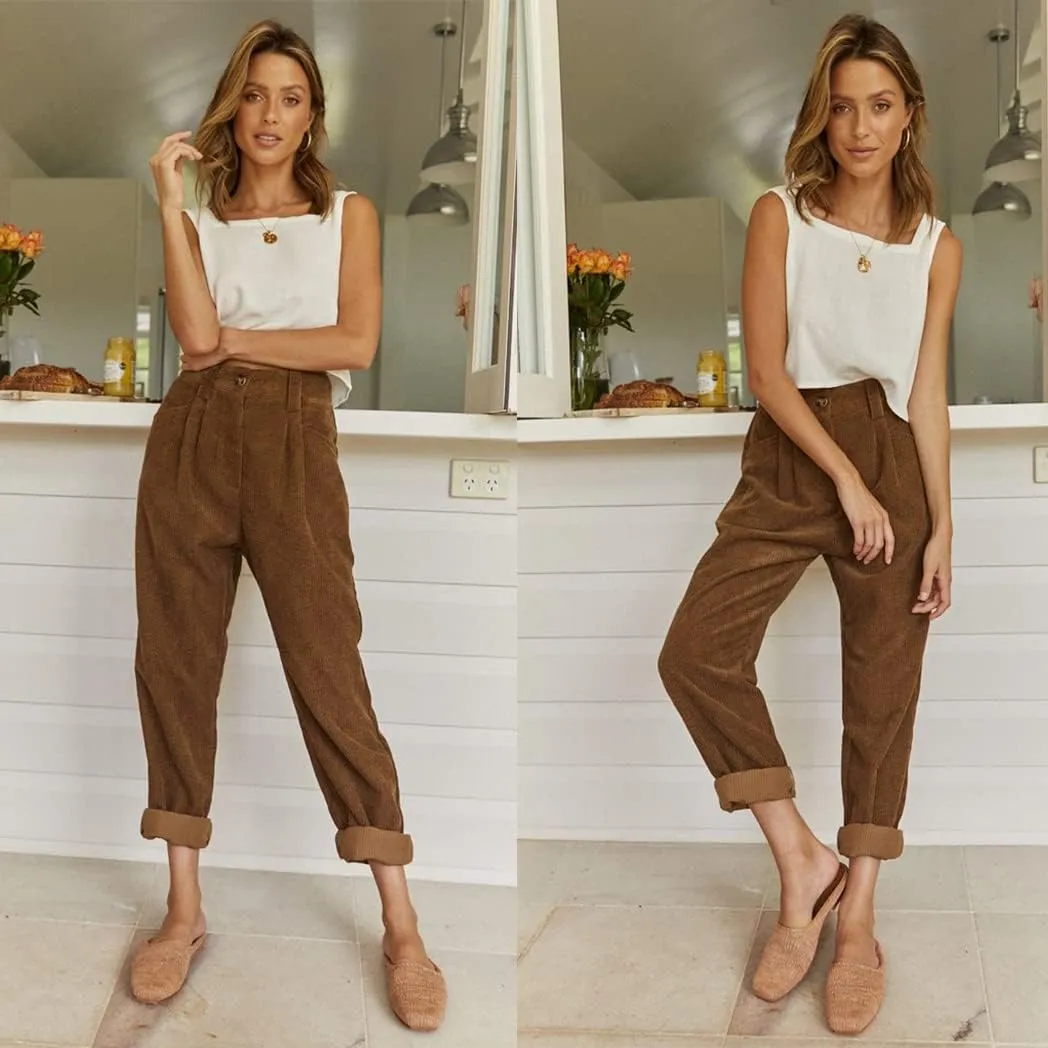 EVALESS Corduroy Pants for Women Casual High Waisted Straight Leg Pants Loose Comfy Trousers with Pockets
