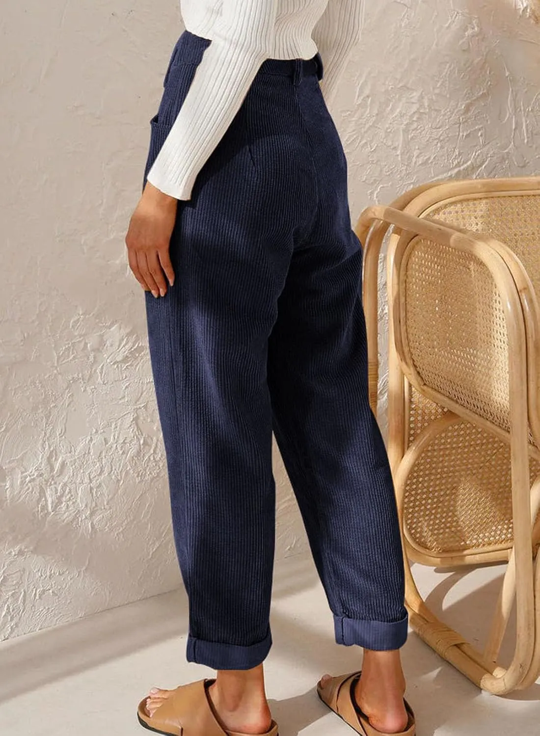 EVALESS Corduroy Pants for Women Casual High Waisted Straight Leg Pants Loose Comfy Trousers with Pockets