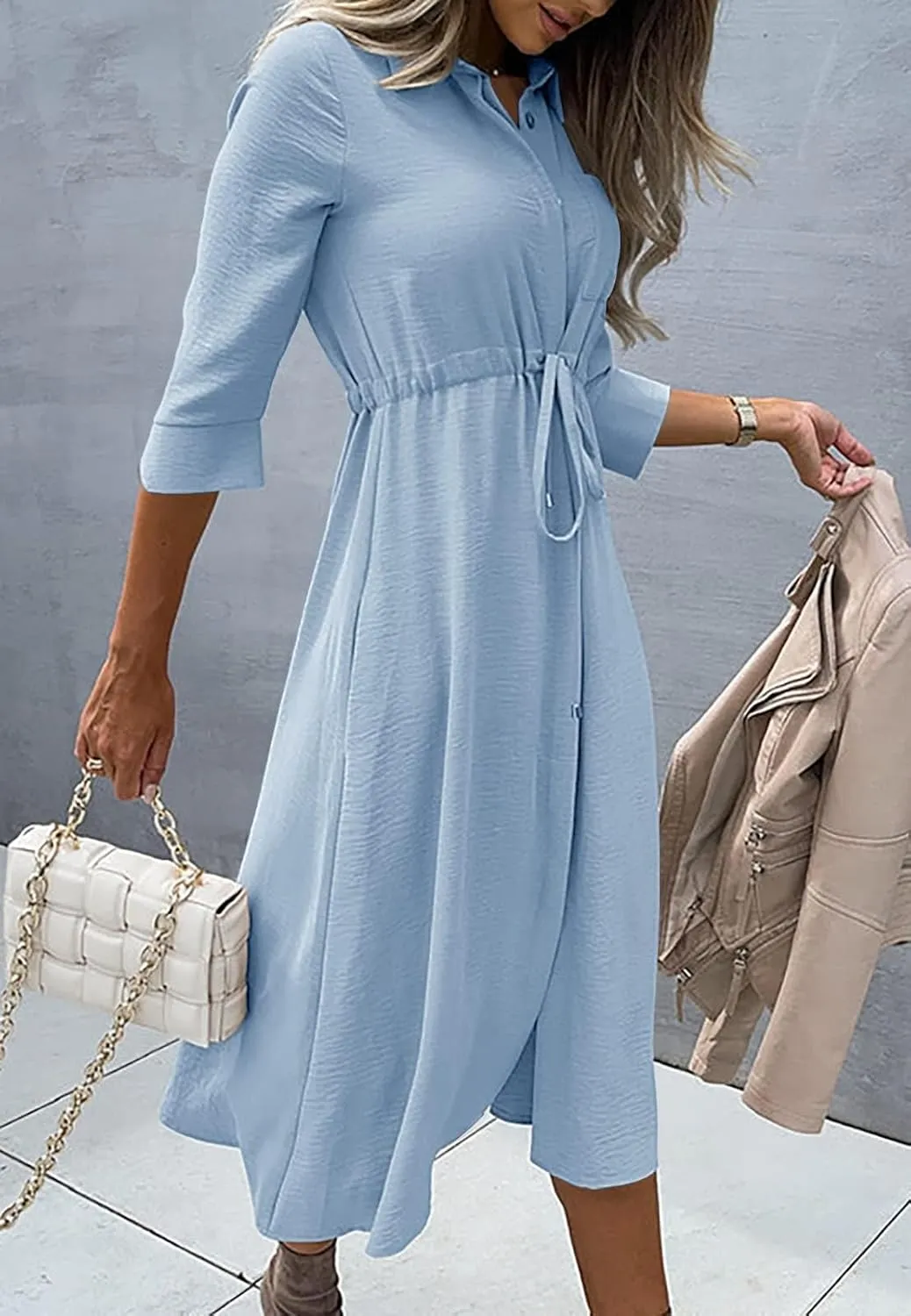 Febriajuce Women's 3/4 Sleeve Midi Dress Casual Drawstring Belted Round Neck Plain Tie Waist Loose High Waist Long Dress