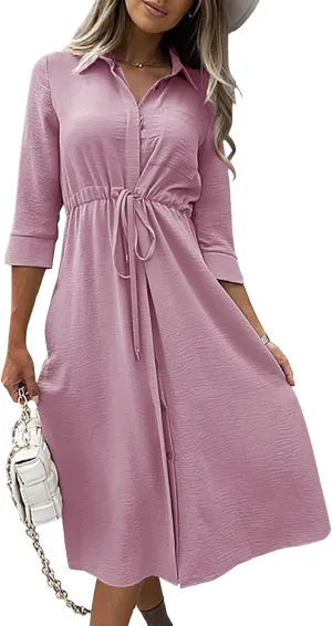Febriajuce Women's 3/4 Sleeve Midi Dress Casual Drawstring Belted Round Neck Plain Tie Waist Loose High Waist Long Dress