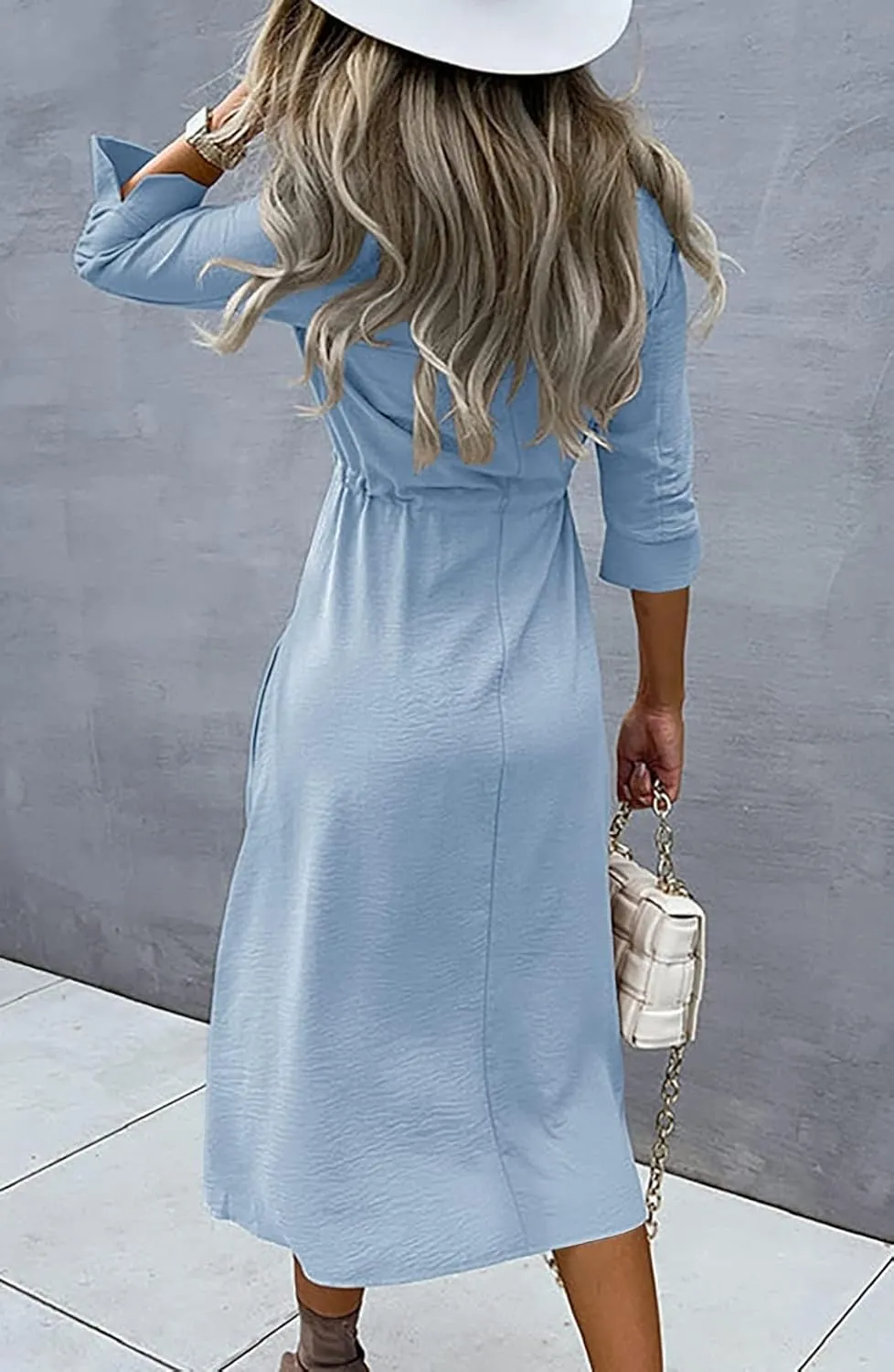 Febriajuce Women's 3/4 Sleeve Midi Dress Casual Drawstring Belted Round Neck Plain Tie Waist Loose High Waist Long Dress