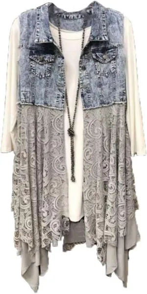 FindThy Womens Denim Vest Sleeveless Ripped Draped Patchwork Cardigan Jean Vest with Irregular Lace Extender Hem