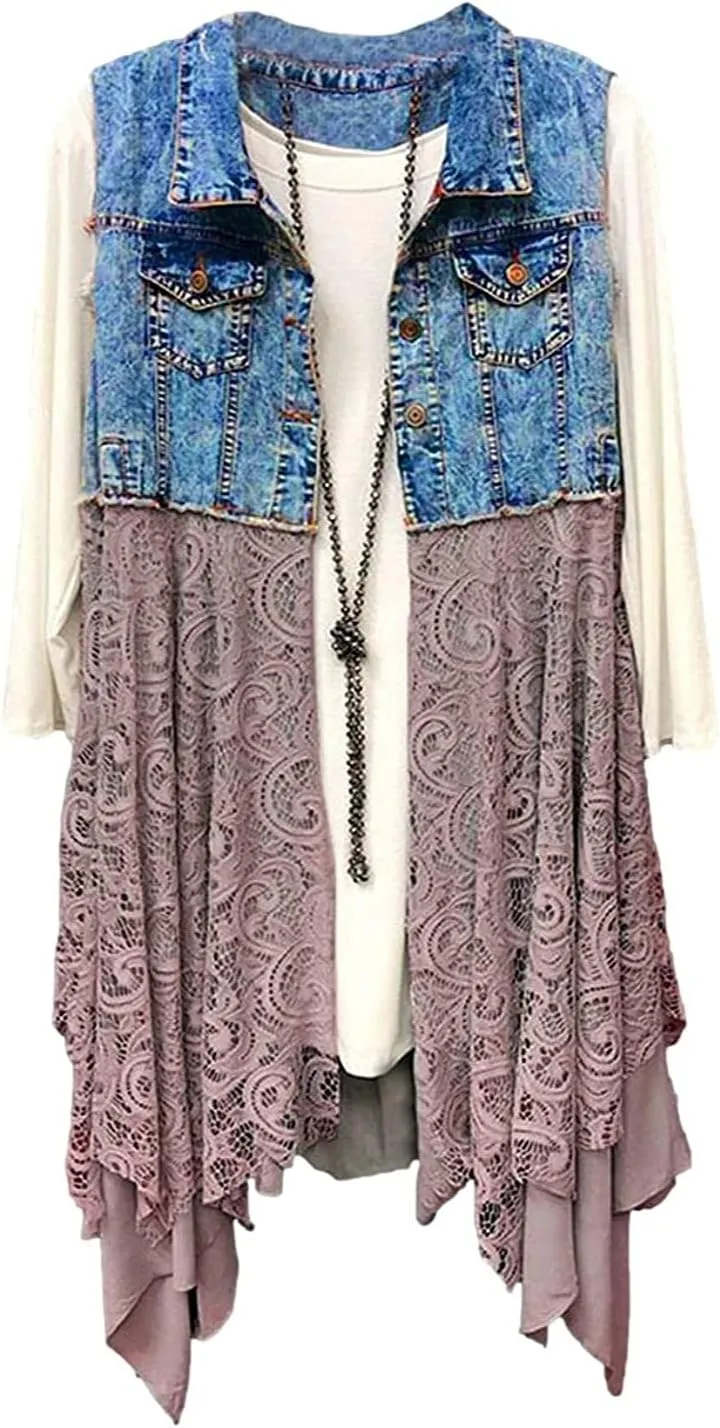 FindThy Womens Denim Vest Sleeveless Ripped Draped Patchwork Cardigan Jean Vest with Irregular Lace Extender Hem