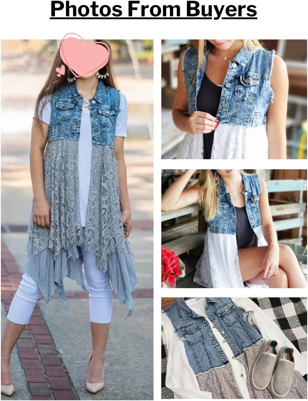 FindThy Womens Denim Vest Sleeveless Ripped Draped Patchwork Cardigan Jean Vest with Irregular Lace Extender Hem