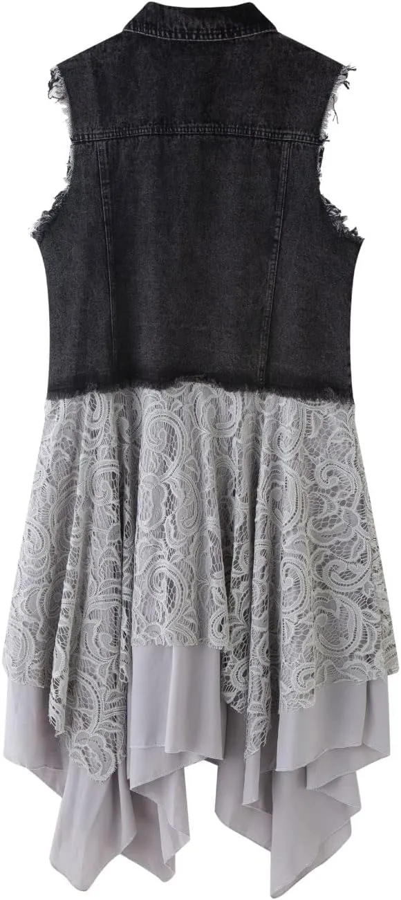 FindThy Womens Denim Vest Sleeveless Ripped Draped Patchwork Cardigan Jean Vest with Irregular Lace Extender Hem