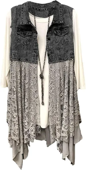 FindThy Womens Denim Vest Sleeveless Ripped Draped Patchwork Cardigan Jean Vest with Irregular Lace Extender Hem