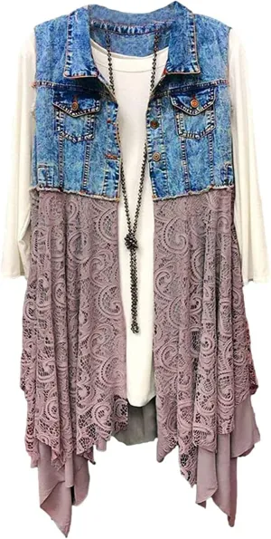 FindThy Womens Denim Vest Sleeveless Ripped Draped Patchwork Cardigan Jean Vest with Irregular Lace Extender Hem