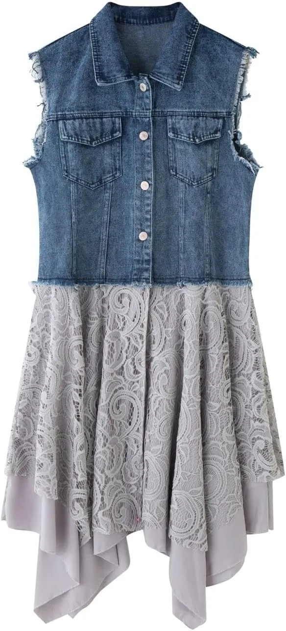 FindThy Womens Denim Vest Sleeveless Ripped Draped Patchwork Cardigan Jean Vest with Irregular Lace Extender Hem