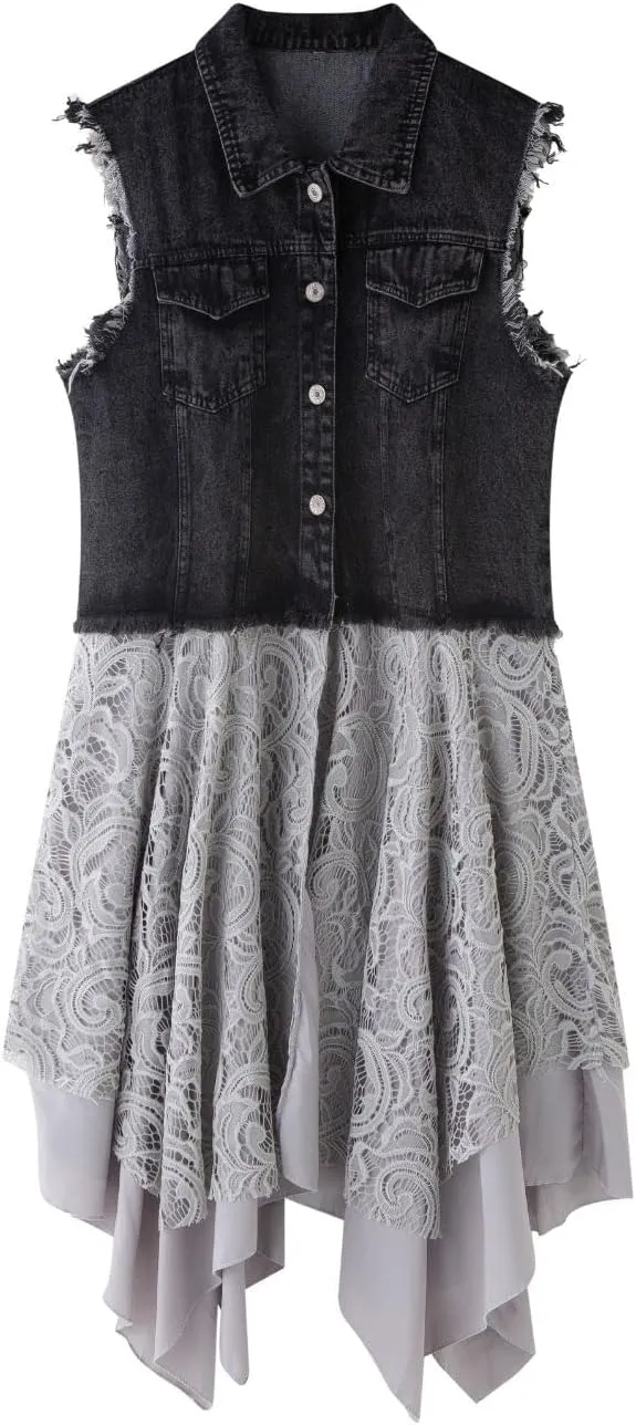 FindThy Womens Denim Vest Sleeveless Ripped Draped Patchwork Cardigan Jean Vest with Irregular Lace Extender Hem