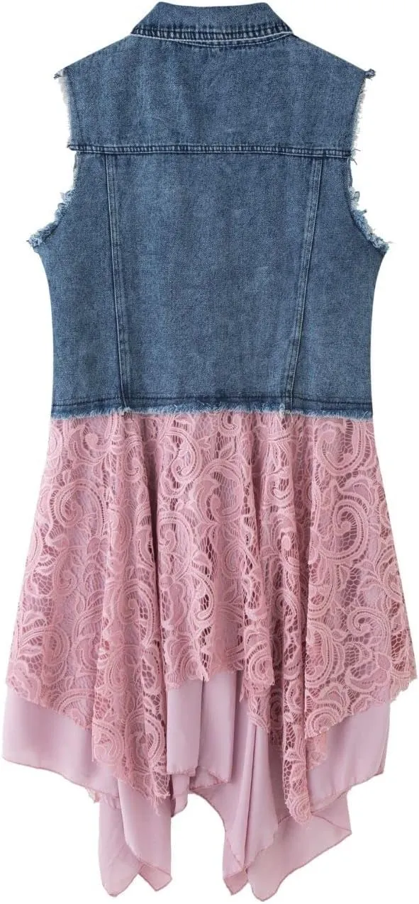 FindThy Womens Denim Vest Sleeveless Ripped Draped Patchwork Cardigan Jean Vest with Irregular Lace Extender Hem