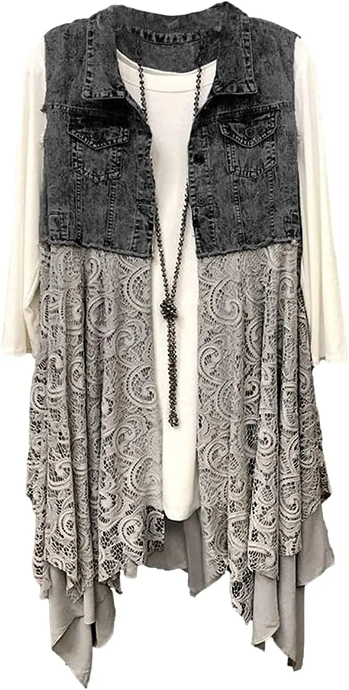 FindThy Womens Denim Vest Sleeveless Ripped Draped Patchwork Cardigan Jean Vest with Irregular Lace Extender Hem