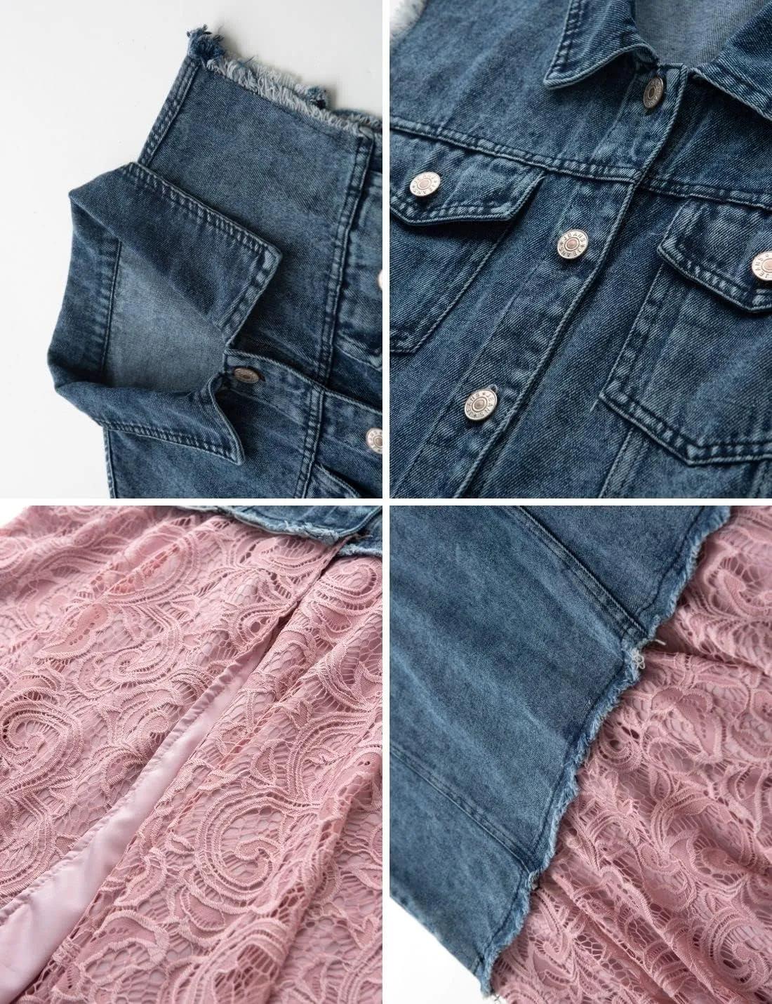 FindThy Womens Denim Vest Sleeveless Ripped Draped Patchwork Cardigan Jean Vest with Irregular Lace Extender Hem