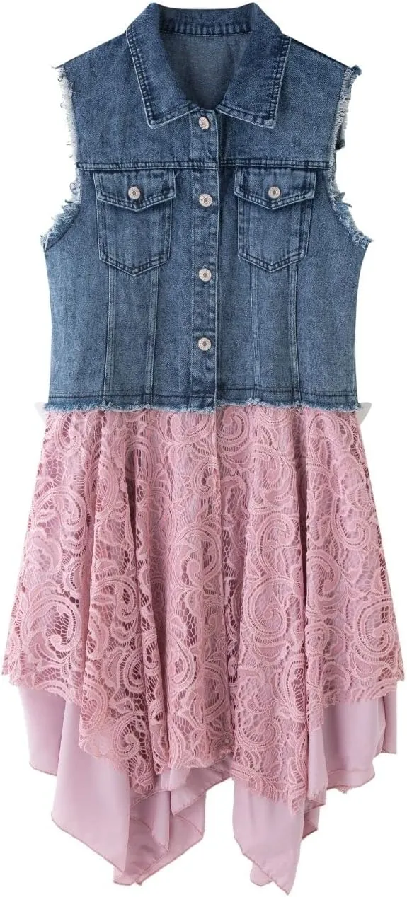 FindThy Womens Denim Vest Sleeveless Ripped Draped Patchwork Cardigan Jean Vest with Irregular Lace Extender Hem