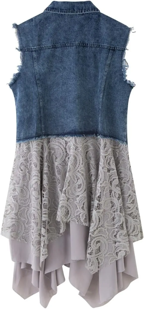 FindThy Womens Denim Vest Sleeveless Ripped Draped Patchwork Cardigan Jean Vest with Irregular Lace Extender Hem