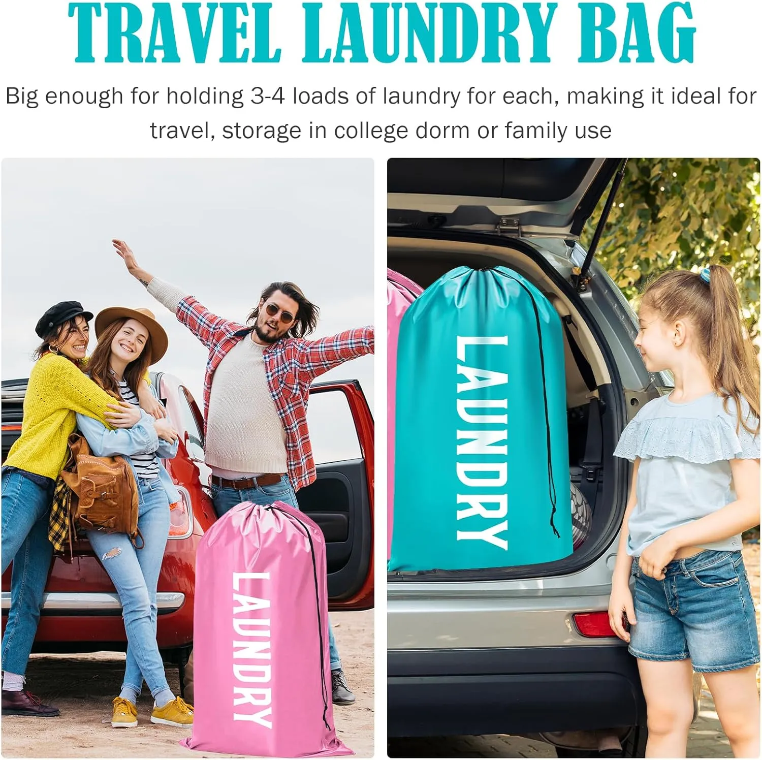Fiodrimy 2 Pack XL Travel Laundry Bag, Machine Washable Dirty Clothes Organizer, Large Enough to Hold 4 Loads of Laundry, Easy Fit a Laundry Basket (Pink Blue, 24" x 36")