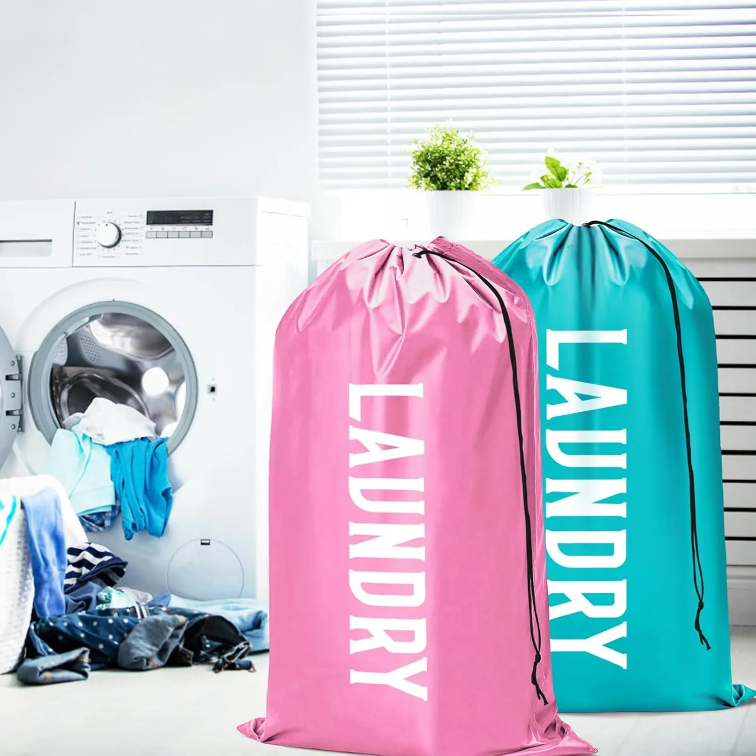 Fiodrimy 2 Pack XL Travel Laundry Bag, Machine Washable Dirty Clothes Organizer, Large Enough to Hold 4 Loads of Laundry, Easy Fit a Laundry Basket (Pink Blue, 24" x 36")
