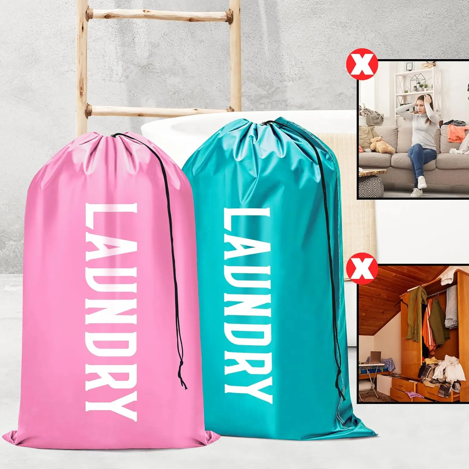 Fiodrimy 2 Pack XL Travel Laundry Bag, Machine Washable Dirty Clothes Organizer, Large Enough to Hold 4 Loads of Laundry, Easy Fit a Laundry Basket (Pink Blue, 24" x 36")