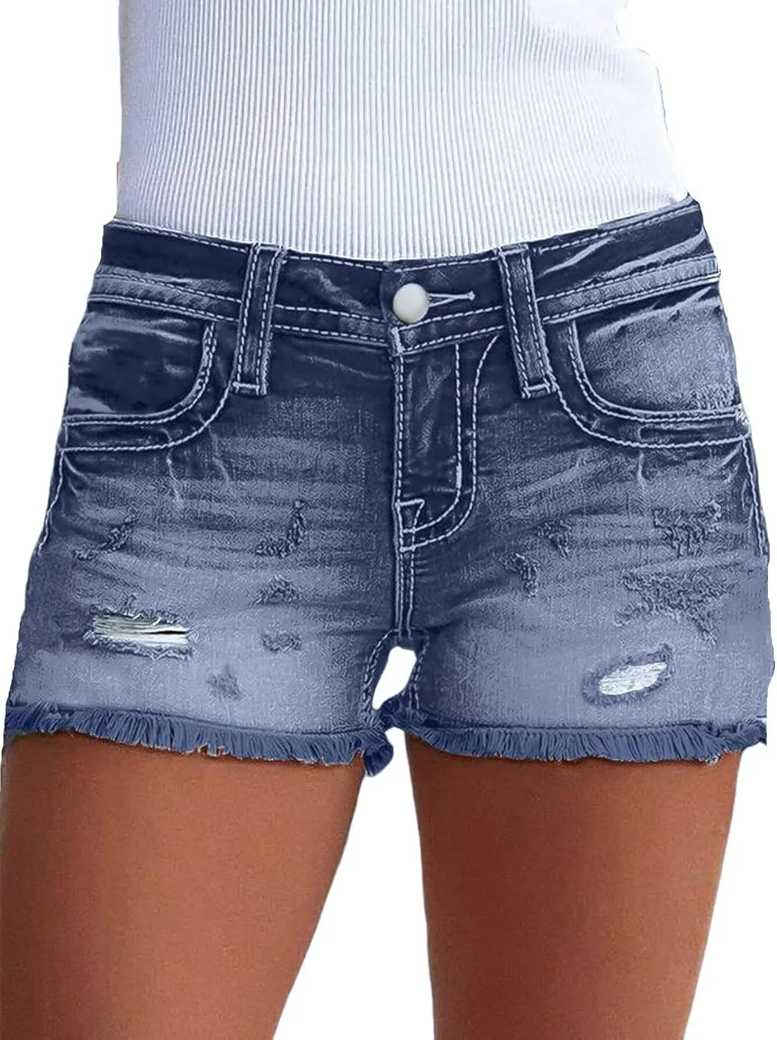 Flamingals Jean Shorts for Women Mid Waisted Stretchy Ripped Denim Shorts Raw Hem Curvy Summer Trendy