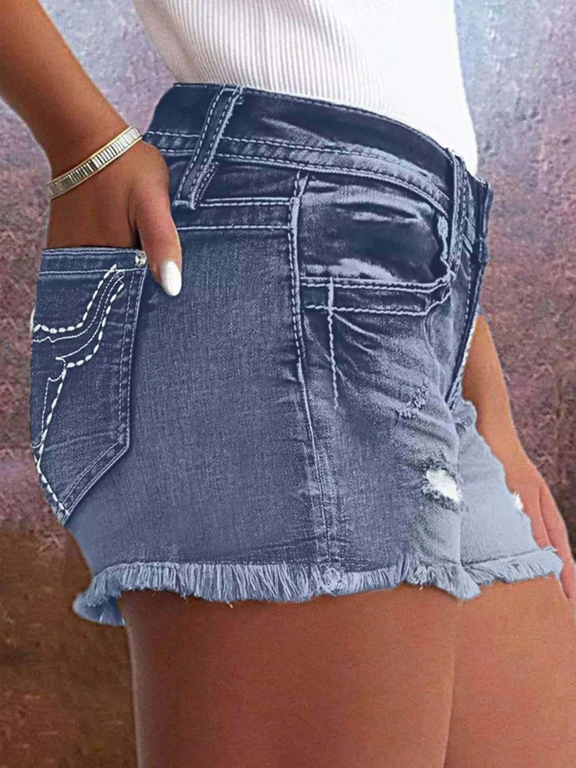 Flamingals Jean Shorts for Women Mid Waisted Stretchy Ripped Denim Shorts Raw Hem Curvy Summer Trendy