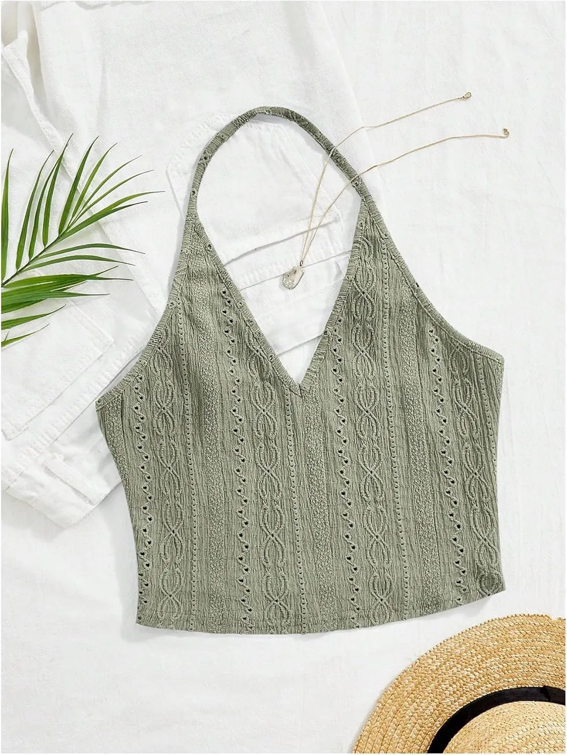 Floerns Women's Boho Halter Backless Camisole Sleeveless Vacation Crop Tops