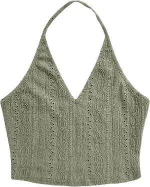 Floerns Women's Boho Halter Backless Camisole Sleeveless Vacation Crop Tops