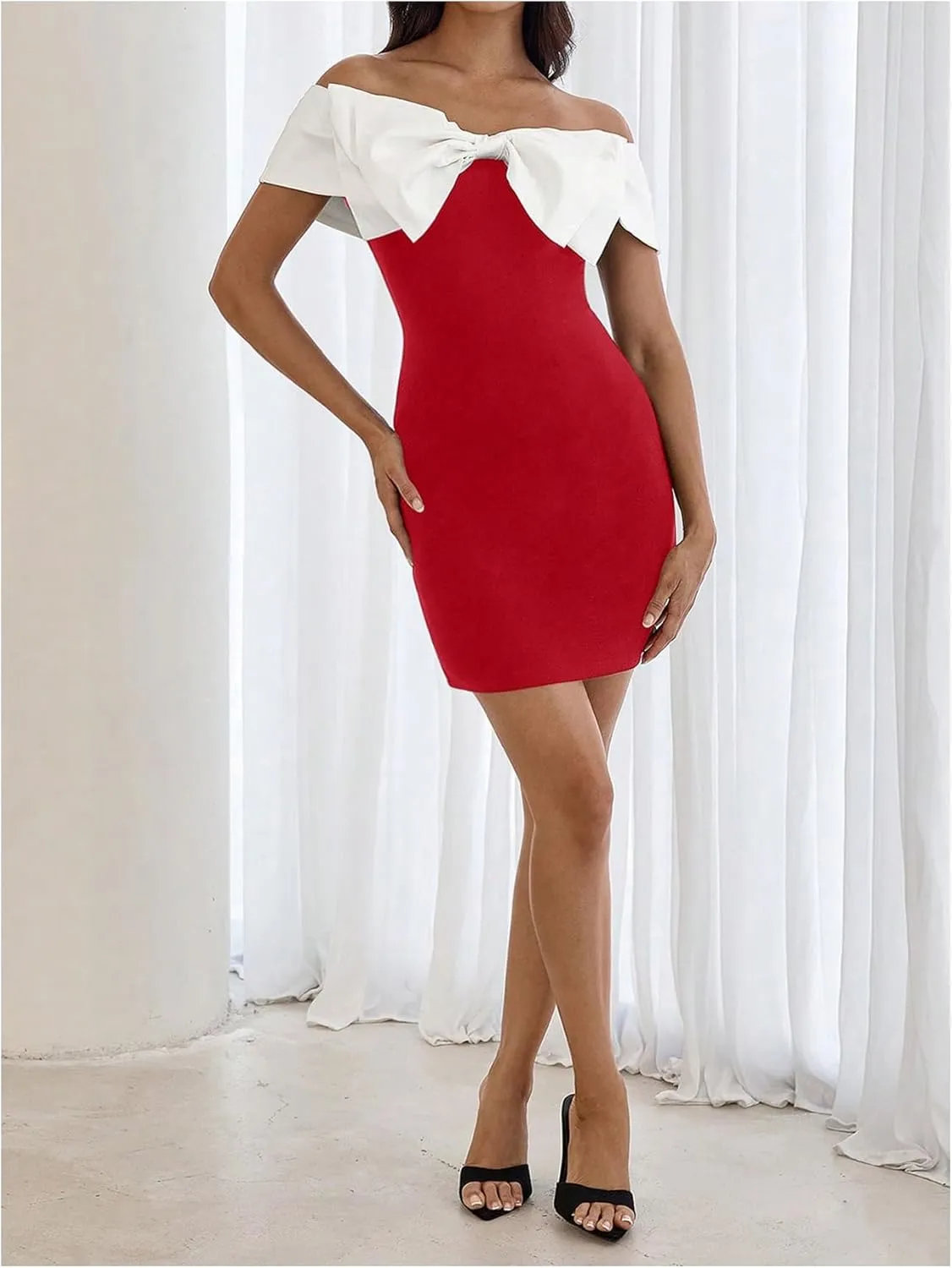 Floerns Women's Off Shoulder Short Sleeve Mini Dress Bow Front Bodycon Dresses