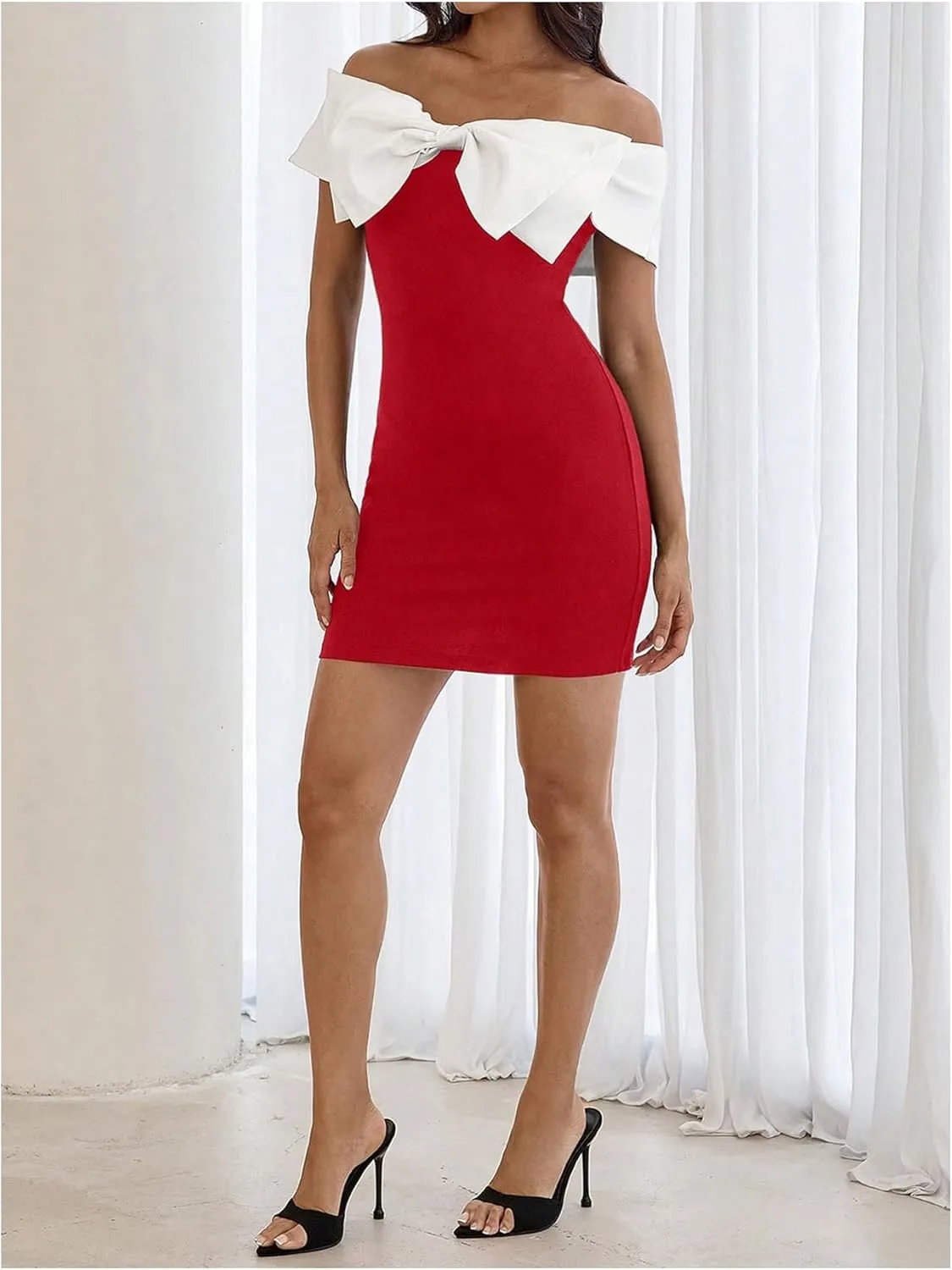 Floerns Women's Off Shoulder Short Sleeve Mini Dress Bow Front Bodycon Dresses
