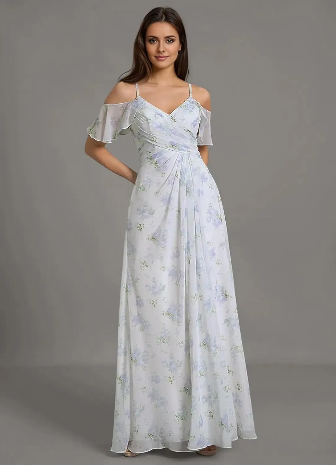 Floral Chiffon Bridesmaid Dress with Slit for Women 2025 Long A Line Chiffon Formal Party Dress
