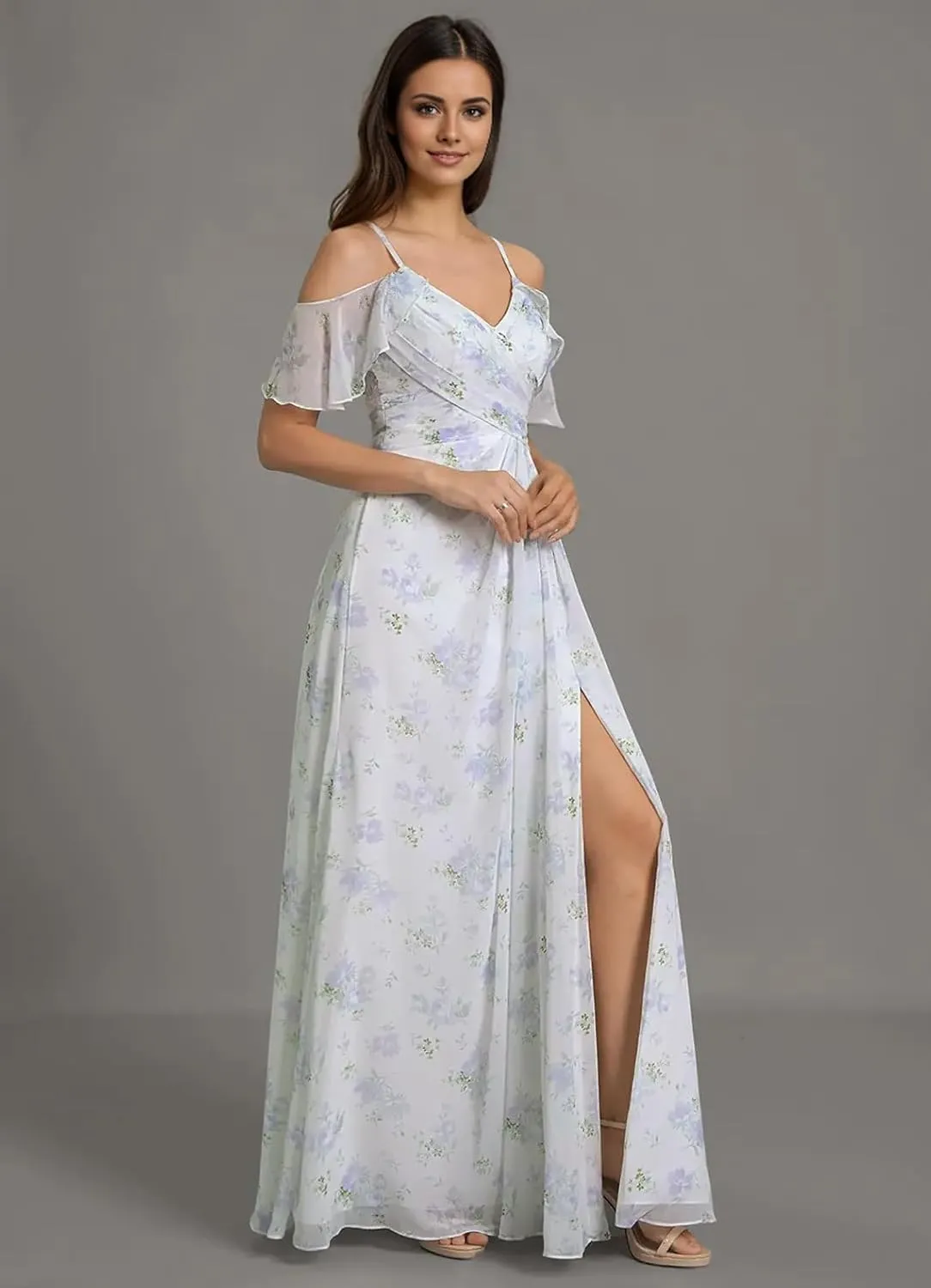 Floral Chiffon Bridesmaid Dress with Slit for Women 2025 Long A Line Chiffon Formal Party Dress