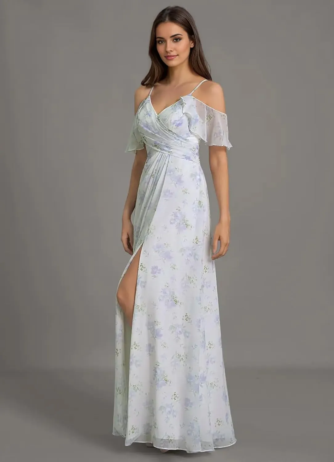 Floral Chiffon Bridesmaid Dress with Slit for Women 2025 Long A Line Chiffon Formal Party Dress