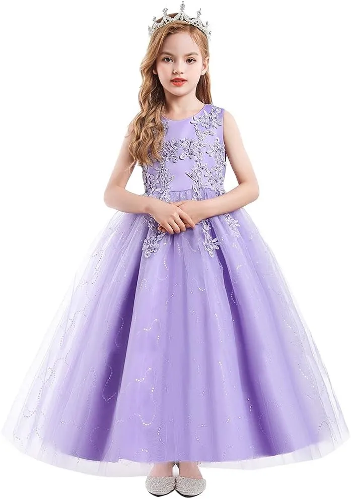 Flower Girls Lace Applique Wedding Sequins Dress Princess Pageant Communion Birthday Xmas Party Evening Tulle Gown