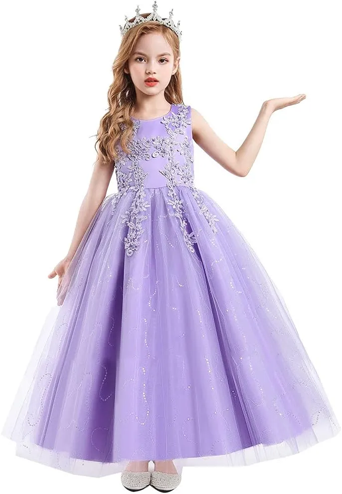 Flower Girls Lace Applique Wedding Sequins Dress Princess Pageant Communion Birthday Xmas Party Evening Tulle Gown