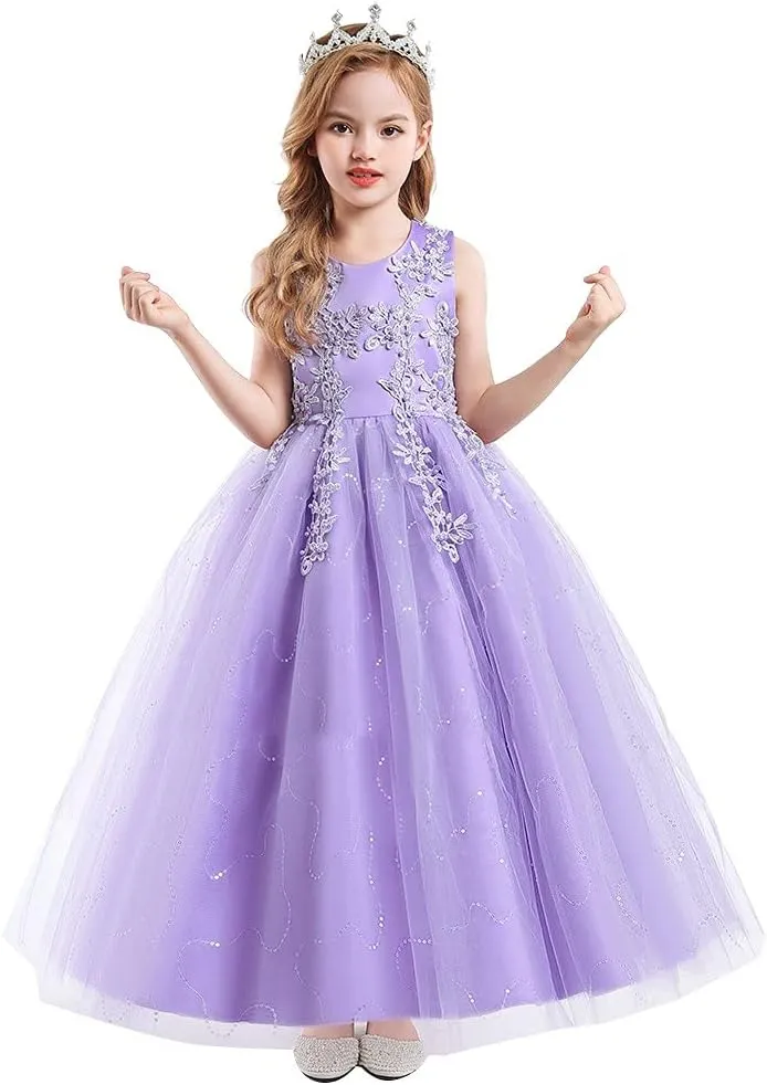 Flower Girls Lace Applique Wedding Sequins Dress Princess Pageant Communion Birthday Xmas Party Evening Tulle Gown