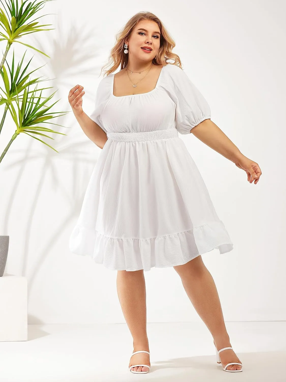 FOREYOND Women's Plus Size Short Sleeve Casual Dress Floral Print Wrap Midi Dresses Square Neck A Line Swing Dress