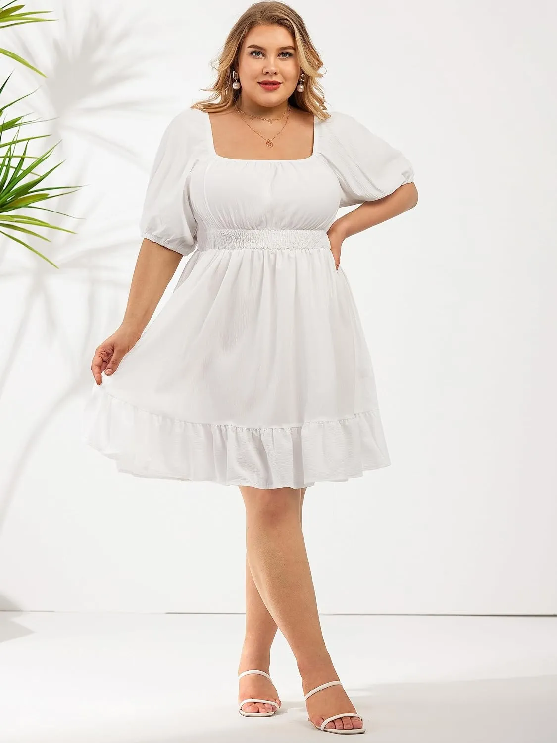 FOREYOND Women's Plus Size Short Sleeve Casual Dress Floral Print Wrap Midi Dresses Square Neck A Line Swing Dress