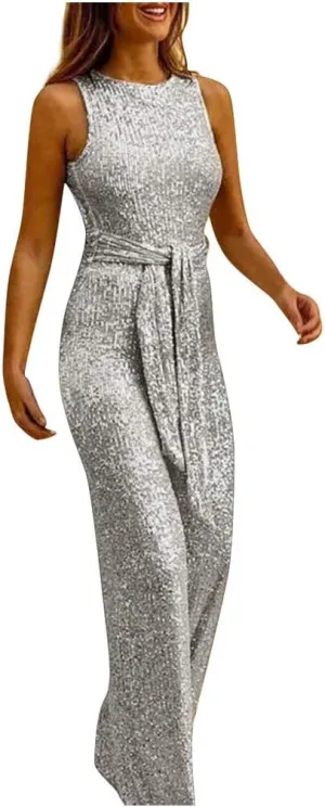 Franterd Jumpsuit for Womens Party, Elegant Sexy Sleeveless Wide Leg Pants Cocktail Pantsuit Jumpsuit Romper with Belt