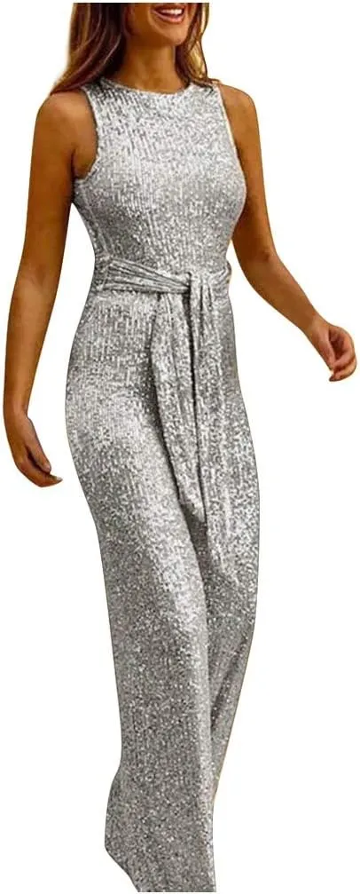 Franterd Jumpsuit for Womens Party, Elegant Sexy Sleeveless Wide Leg Pants Cocktail Pantsuit Jumpsuit Romper with Belt