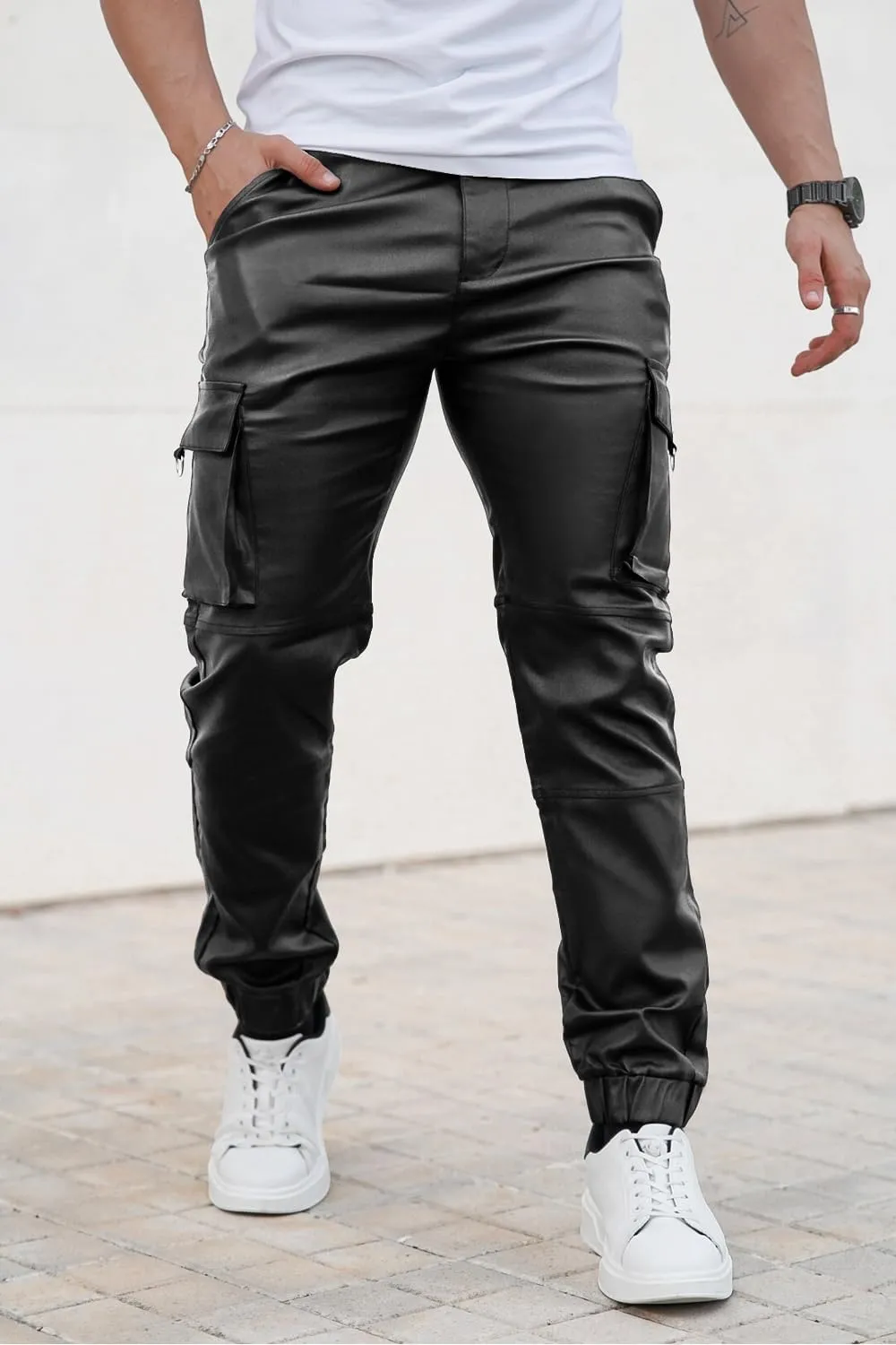 GINGTTO Mens Cargo Pants Joggers Leather Pants for Men Slim Fit