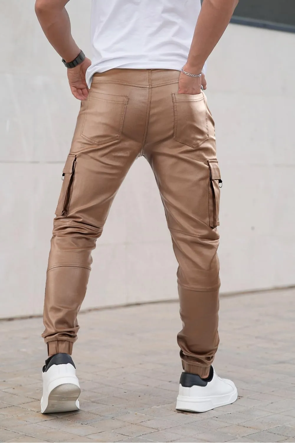 GINGTTO Mens Cargo Pants Joggers Leather Pants for Men Slim Fit