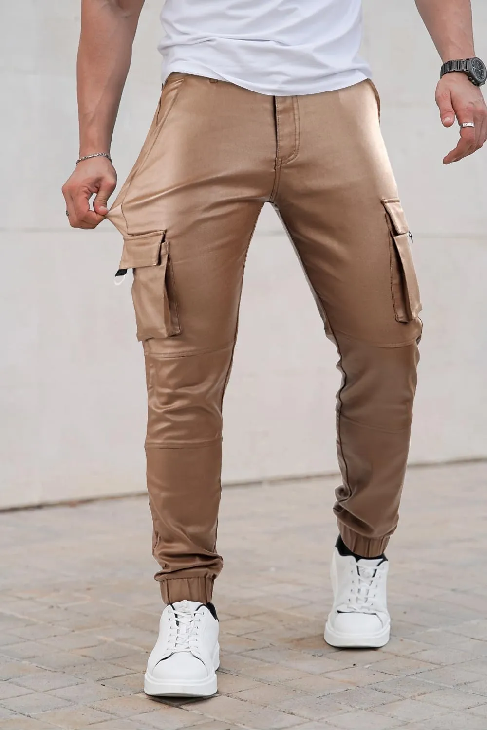 GINGTTO Mens Cargo Pants Joggers Leather Pants for Men Slim Fit