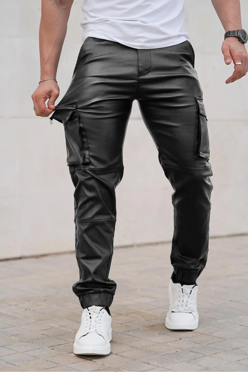 GINGTTO Mens Cargo Pants Joggers Leather Pants for Men Slim Fit