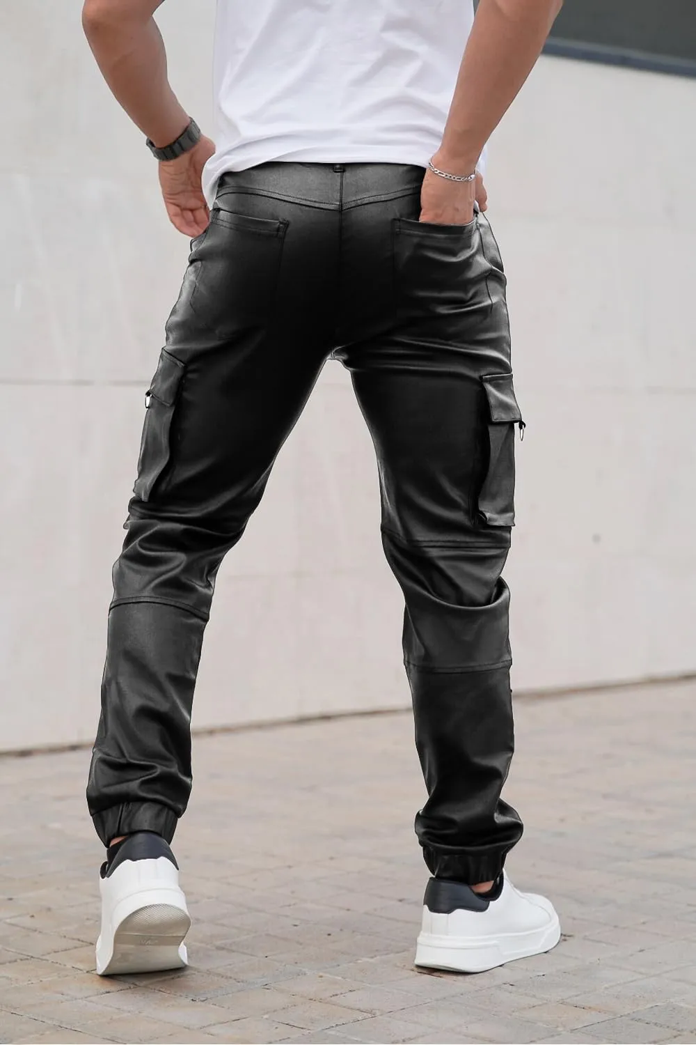 GINGTTO Mens Cargo Pants Joggers Leather Pants for Men Slim Fit