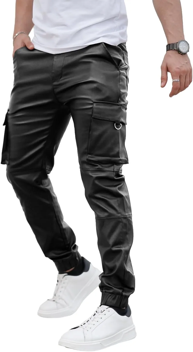 GINGTTO Mens Cargo Pants Joggers Leather Pants for Men Slim Fit