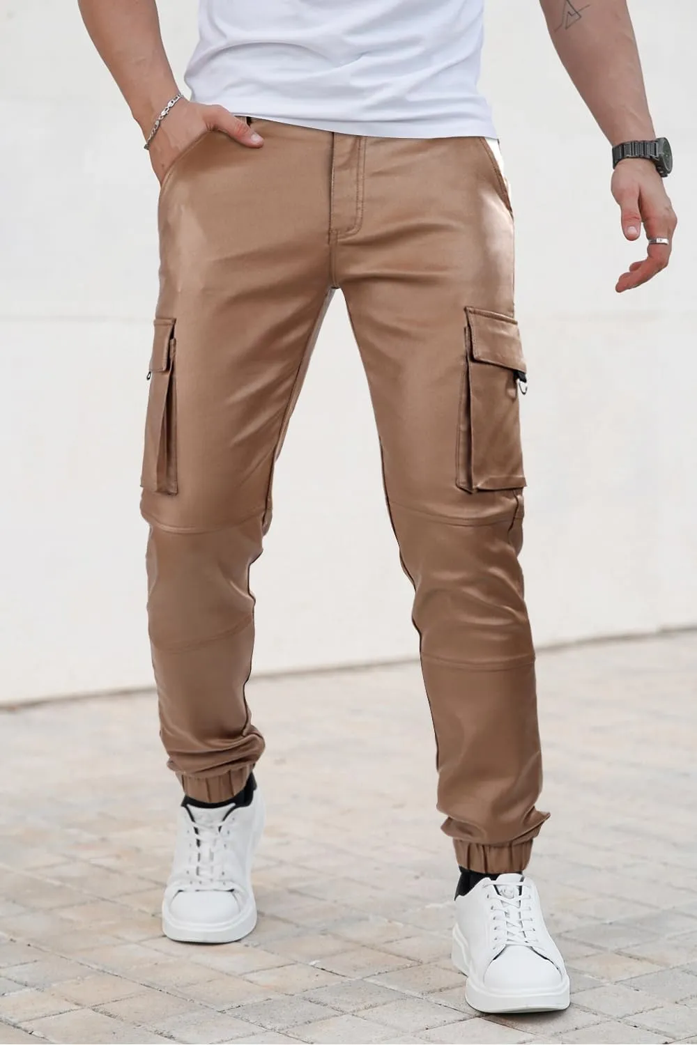 GINGTTO Mens Cargo Pants Joggers Leather Pants for Men Slim Fit