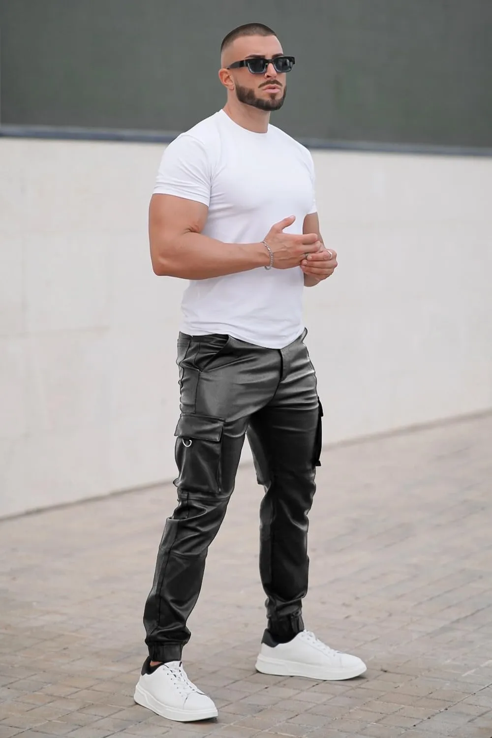 GINGTTO Mens Cargo Pants Joggers Leather Pants for Men Slim Fit