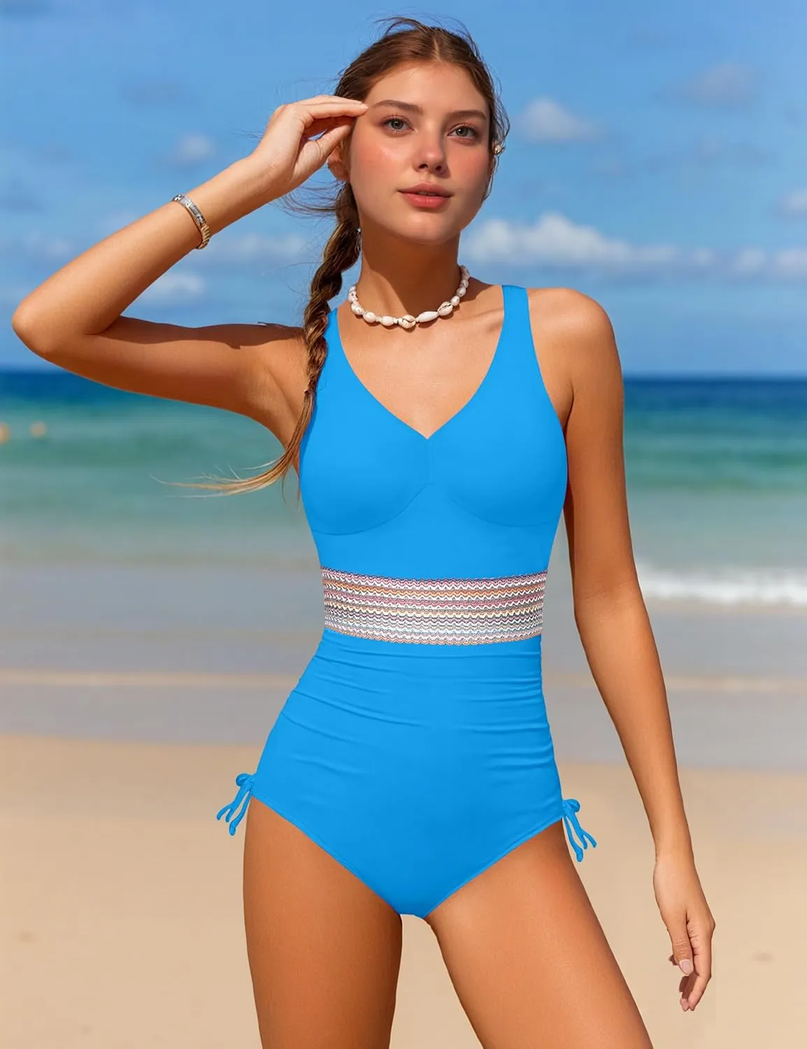 Girls One Piece Swimsuits Color Block Girls Swimsuit V Neck Girls Bathing Suit Drawstring Girls' Swimwear 9-16 Years