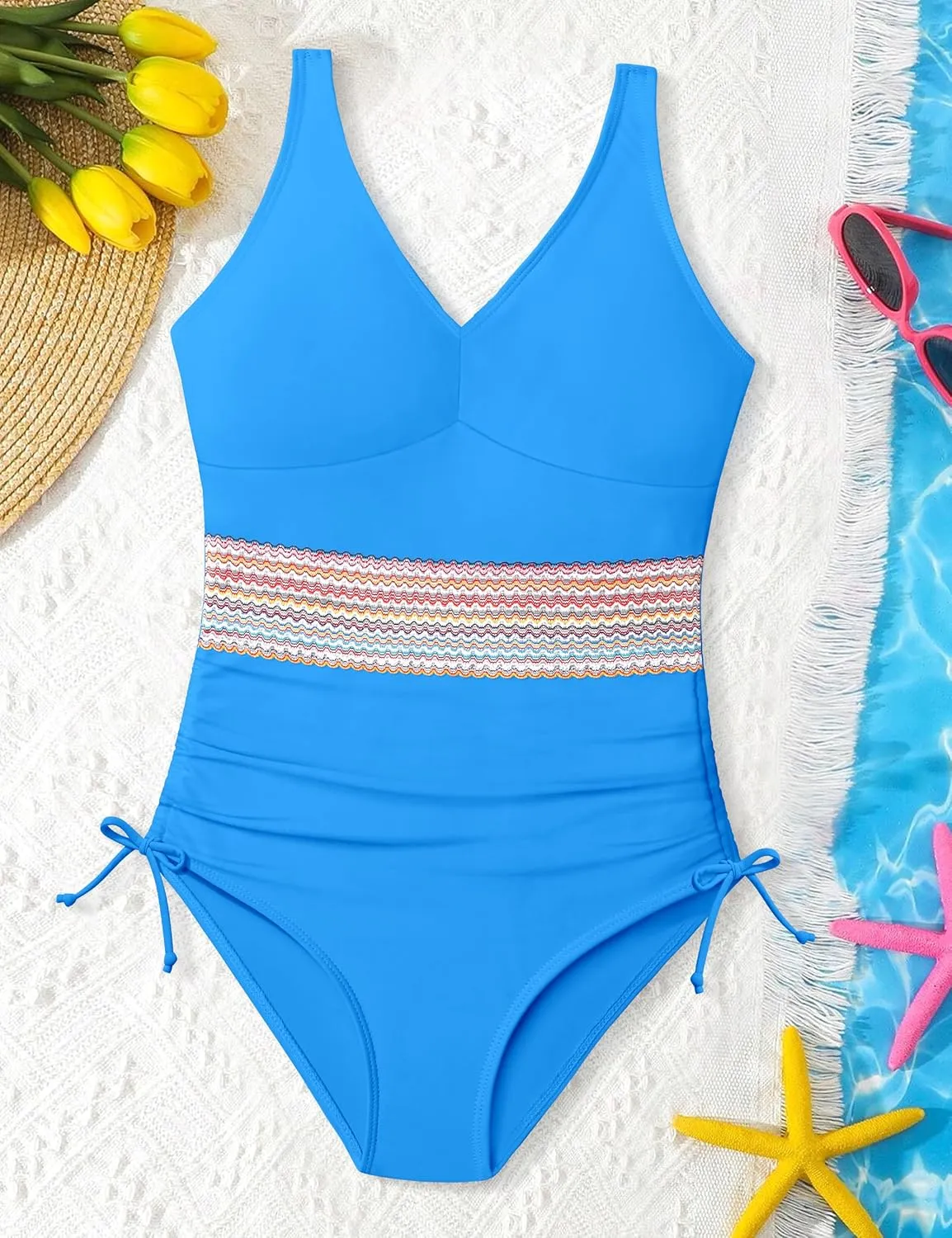 Girls One Piece Swimsuits Color Block Girls Swimsuit V Neck Girls Bathing Suit Drawstring Girls' Swimwear 9-16 Years